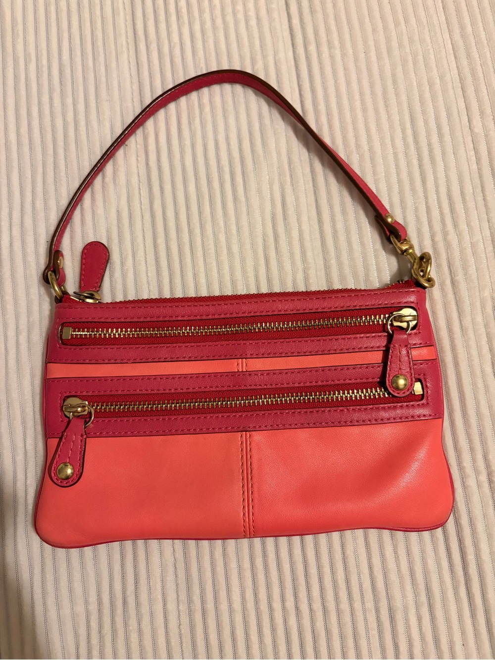 Coach Two-Tone Coral and Fuchsia Leather Shoulder Bag/wristlet